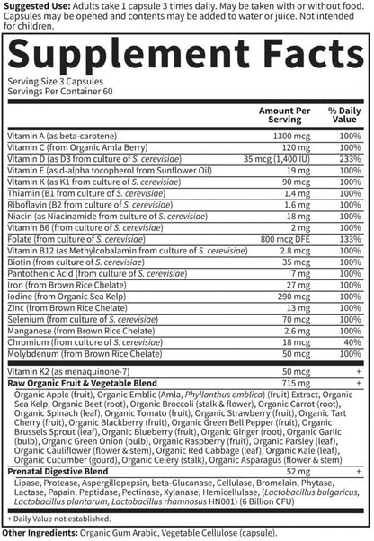 Prenatal Multivitamin for Women from Whole Foods with Biotin, Iron & Folate not Folic Acid, Probiotics for Immune Support - Vitamin Code Raw by Garden of Life - Pregnancy Must Haves - 180 capsules
