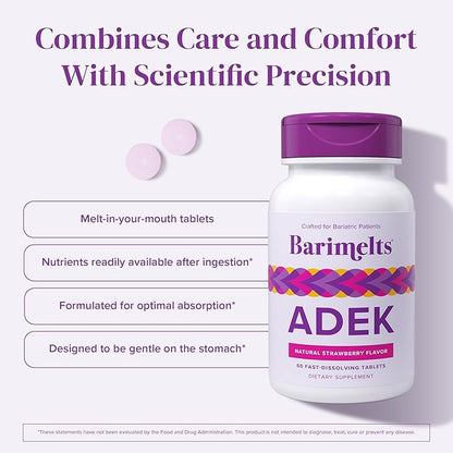 Barimelts ADEK - 60 Fast-Dissolving Tablets (2-Month Supply) - Sugar-Free Bariatric Vitamins for Women Including Vitamin A, Vitamin D, Vitamin E & Vitamin K, Natural Strawberry Flavor