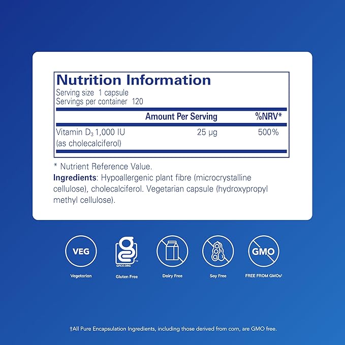 Pure Encapsulations Vitamin D3 25 mcg (1,000 IU) - Supplement to Support Bone, Joint, Breast, Heart, Colon & Immune Health - with Premium Vitamin D - 120 Capsules