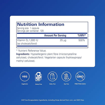 Pure Encapsulations Vitamin D3 25 mcg (1,000 IU) - Supplement to Support Bone, Joint, Breast, Heart, Colon & Immune Health - with Premium Vitamin D - 120 Capsules