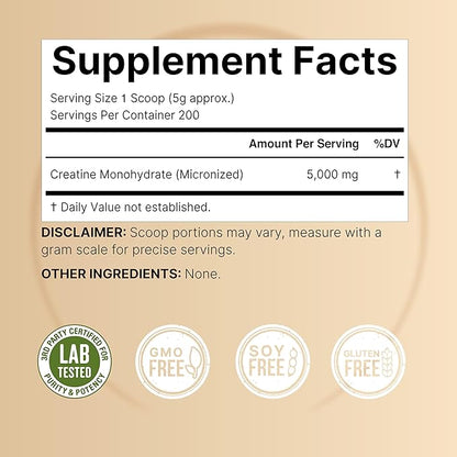Creatine Monohydrate Powder 1000 Grams, 5000mg Per Serving | Pure Unflavored Creatine Powder – Micronized – Pre Workout – Keto – Vegan – Dissolves Easy – Filler Free – 200 Servings (2.2lbs)