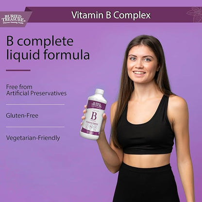 Buried Treasure B Complete High Potency All B Vitamins Liquid Supplement for Stress, Energy and Healthy Immune Support Vegan Non-GMO, 16 oz w/ Dose Cup