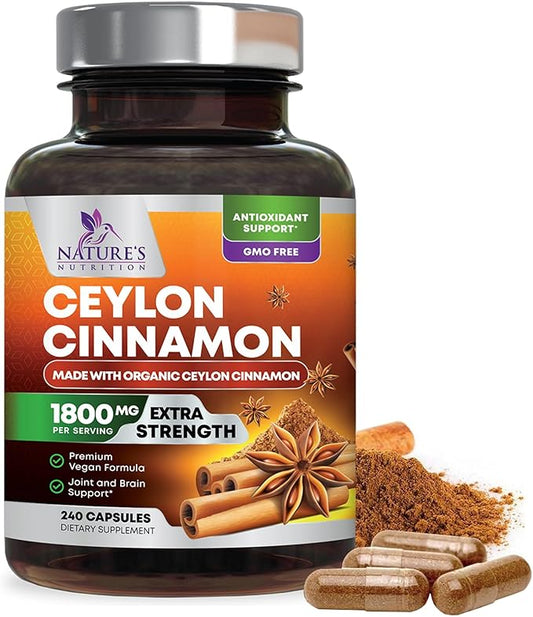 Organic Ceylon Cinnamon Supplement 1800mg - Certified Organic Ceylon Cinnamon Powder Pills - Energy & Heart Support for Women & Men, Bottled in USA, Antioxidant, Gluten Free, Non-GMO - 240 Capsules