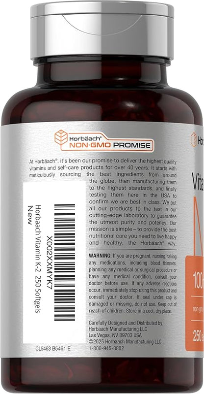 Horbäach Vitamin K2 MK7 100mcg | 250 Softgels | Non-GMO, Gluten Free Supplement