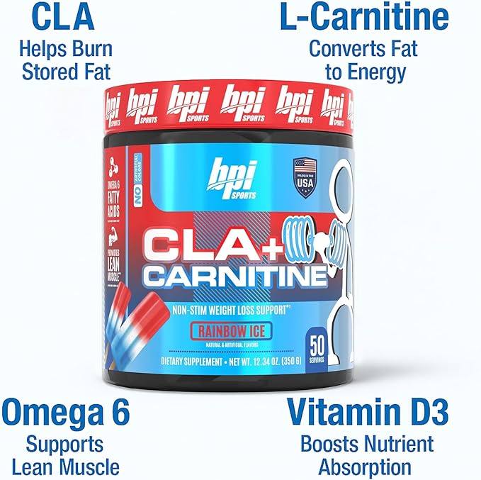 BPI Sports CLA + Carnitine – Conjugated Linoleic Acid – Performance, Lean Muscle – Caffeine Free – For Men & Women – Rainbow Ice – 50 servings – 12.34 Oz. (Packaging may vary)