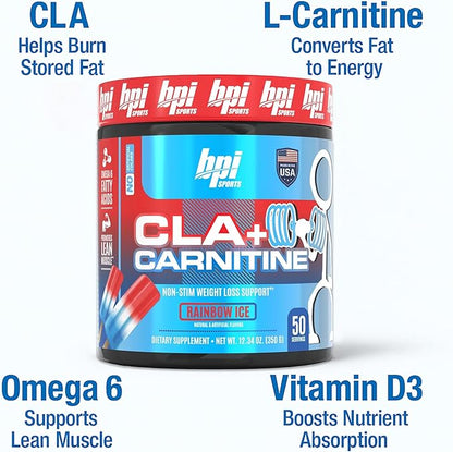 BPI Sports CLA + Carnitine – Conjugated Linoleic Acid – Performance, Lean Muscle – Caffeine Free – For Men & Women – Rainbow Ice – 50 servings – 12.34 Oz. (Packaging may vary)