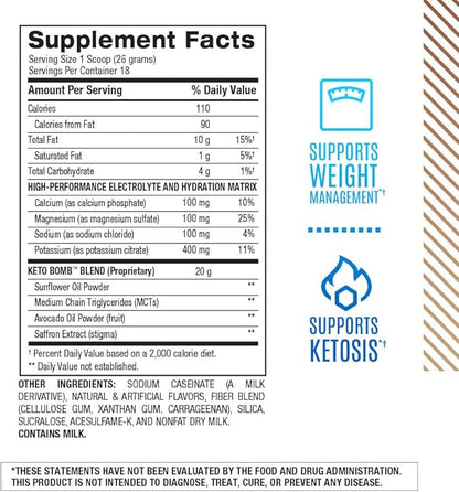 BPI Sports Keto Bomb Coffee Creamer - Supports Energy and Hydration - MCT and Electrolytes - with Calcium - Caramel Macchiato, 18 Servings