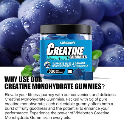 Sugar Free Creatine Monohydrate Gummies for Men & Women-5g of Creatine Monohydrate per Serving for Muscle Mass,Vegan,Blueberry Flavor, 90 Count