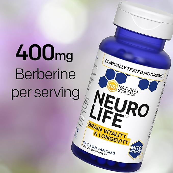 NeuroLife Longevity Supplement - 500mg Taurine & 400mg Berberine Supplement - Clinically Tested MitoPrime L-Ergothioneine - Brain Support for Cognitive Vitality - 60 Berberine Capsules