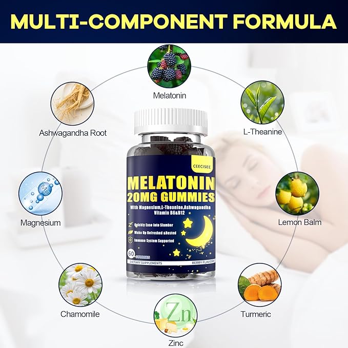 Melatonin 20mg Gummies for Women Men: Sugar Free Melatonin Supplement Extra Strength with Ashwagandha L-Theanine Magnesium Turmeric Vitamin D3 & B6 &B12 - Non-Habit Forming(120Count)