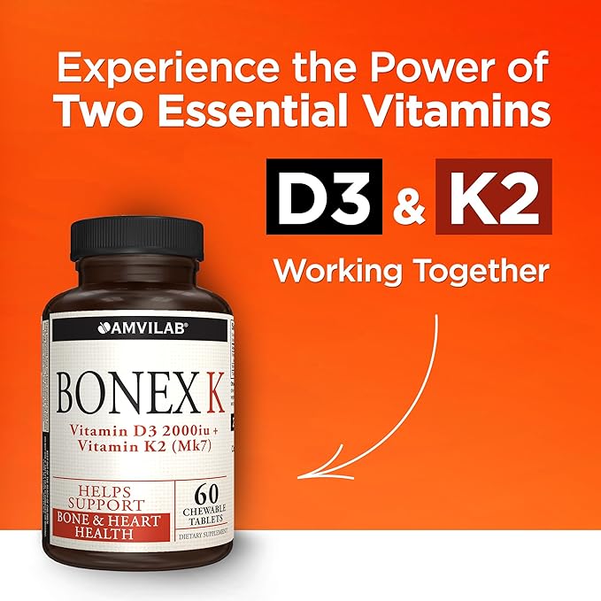 Bonex K Supplement|Vitamin D & K Complex|Supports Heart, Bones & Teeth Health|2000IU Vitamin D3 & 75mcg Vitamin K2|Non-GMO|Small & Easy to Swallow|60 Day Supply Chewable Tablets