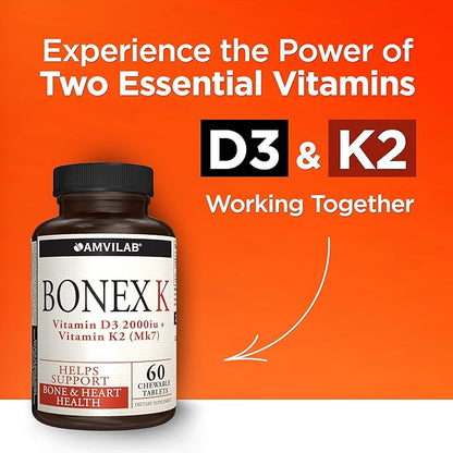 Bonex K Supplement|Vitamin D & K Complex|Supports Heart, Bones & Teeth Health|2000IU Vitamin D3 & 75mcg Vitamin K2|Non-GMO|Small & Easy to Swallow|60 Day Supply Chewable Tablets