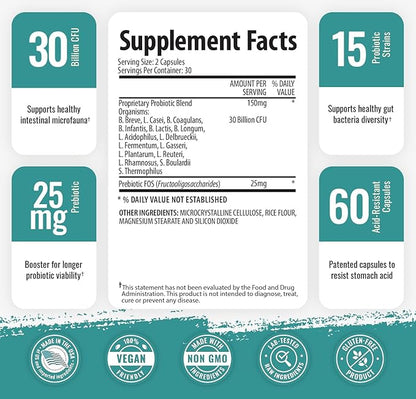 1 Body 30 Billion CFU Probiotic Supplement with Prebiotics – Patented Acid Resistant Capsules to Promote Gut Health, Support Immune System – Probiotics for Women and Men - 60 Vegetarian Capsules