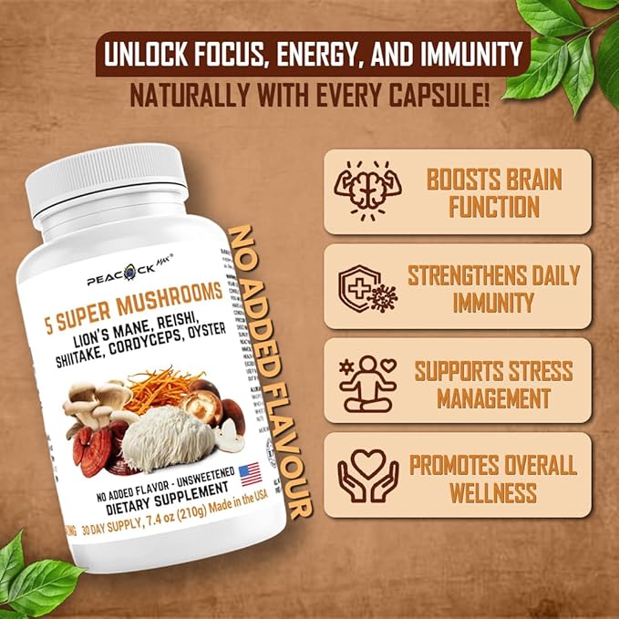 5 Mushrooms Supplement, 180 Count – Lion's Mane, Reishi, Shiitake, Cordyceps, Oyster Immune & Brain Supplement for Memory and Focus, Dietary Supplement for Energy
