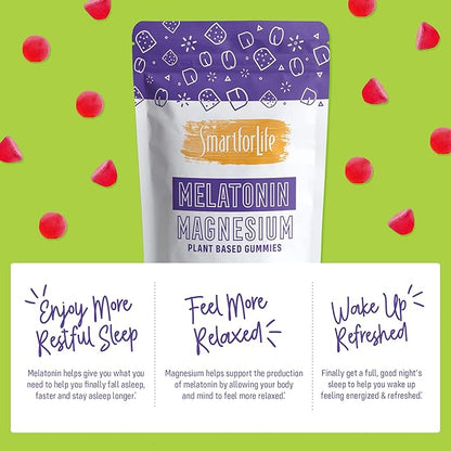 SMART FOR LIFE Melatonin Gummies 5mg W/Magnesium - 60 Count - Plant Based Vegan Melatonin Gummies - Strawberry Flavor Sleep Gummies - Heart & Bone Health Dietary Supplement - Adult Melatonin Gummies