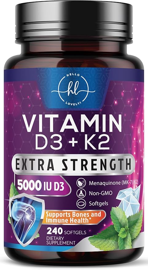 Vitamin D3 5000 IU with K2 100 mcg - D3 K2 Supplement, 2 in 1 Vitamins D & K2 Complex Softgels for Calcium Absorption, Bone, Teeth, Heart & Immune Support, Easy to Swallow, Non GMO - 240 Softgels