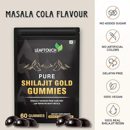 LEAFTOUCH Shilajit Gold Gummies | Masala Cola Flavour | Every Gummies are Wrapped in Individual Transparent Wrapper | 60 Gummy.
