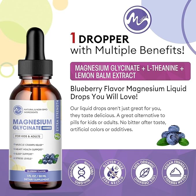 2 Pack Liquid Magnesium Glycinate with L-Theanine & Lemon Balm - Promotes Relaxation & Sleep – Supports Bone, Muscle & Heart Health - Gluten Free - 60 Day Supply