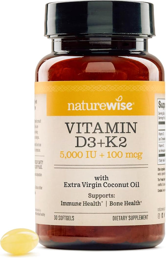 NatureWise Vitamin D3 5000IU + K2 (MK7) 100mcg with Organic Extra Virgin Coconut Oil - Supports Calcium Absorption, Bone & Immune Health - Non-GMO, Soy & Gluten-Free - 30 Softgels[30-Day Supply]
