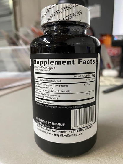 Durable Heart - Extra-Strength 1,000 mg Bergamonte Citrus Bergamot +Olive Leaf Extract +Non-GMO Vitamin C – Natural Heart Health Supplement – Made in The USA (1 Bottle)