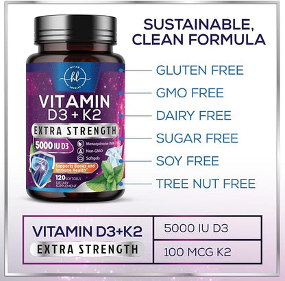 Vitamin D3 5000 IU with K2 100 mcg - D3 K2 Supplement, 2 in 1 Vitamins D & K2 Complex Softgels for Calcium Absorption, Bone, Teeth, Heart & Immune Support, Easy to Swallow, Non GMO - 120 Softgels