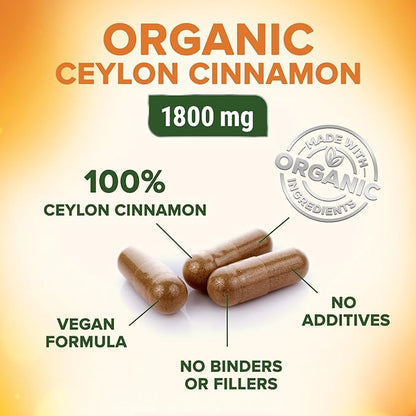 Organic Ceylon Cinnamon Capsules 1800mg - Pure Ceylon Cinnamon Supplements, 1800 mg Certified Organic Powder, Bottled in USA, Non-GMO Gluten Free Sugar Free, Antioxidant Pills Supplement, 60 Capsules
