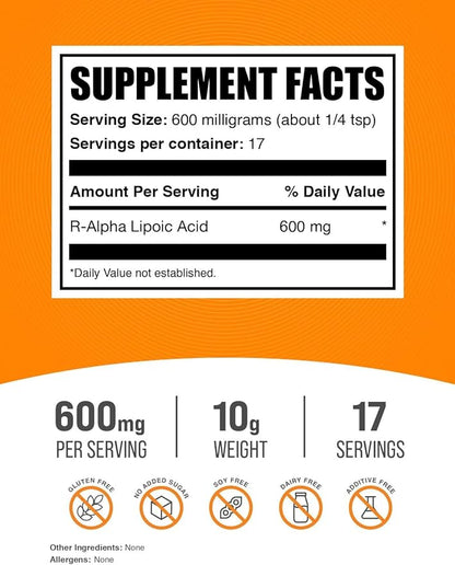 BulkSupplements.com R-Alpha Lipoic Acid Powder - R-ALA Supplement, R Alpha Lipoic Acid 600mg - Antioxidants Supplement, Gluten Free, 600mg per Serving, 10g (0.35 oz) (Pack of 1)