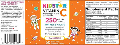 KidStar Nutrients Vitamin C Chewable Tablet, Sugar-Free, Tangerine Flavor, 250mg Magnesium Ascorbate, 60 CT