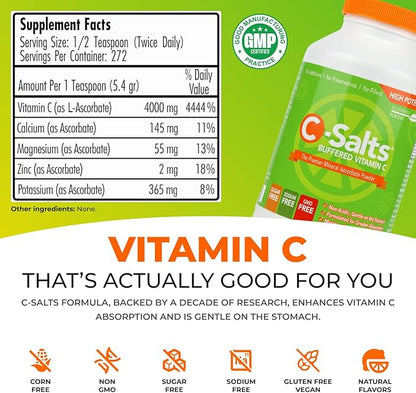 C-Salts Original Vitamin C Powder Supplement - 100% Pure High Dose Buffered Vitamin C Powder for Immune Support - Sugar-Free Powdered Drink Ascorbate, Organic, Stomach-Friendly, Original 26oz