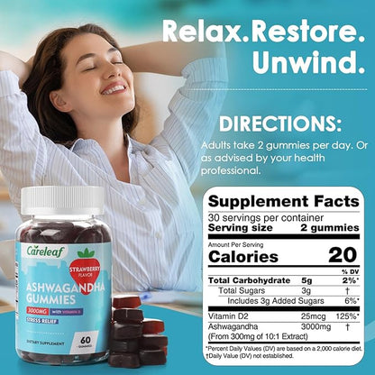 Vegan Ashwagandha Gummies-3000mg High Potency Ashwagandha Root Extract with Vitamin D2 | Strawberry Flavor | 60 Cts/Bottle