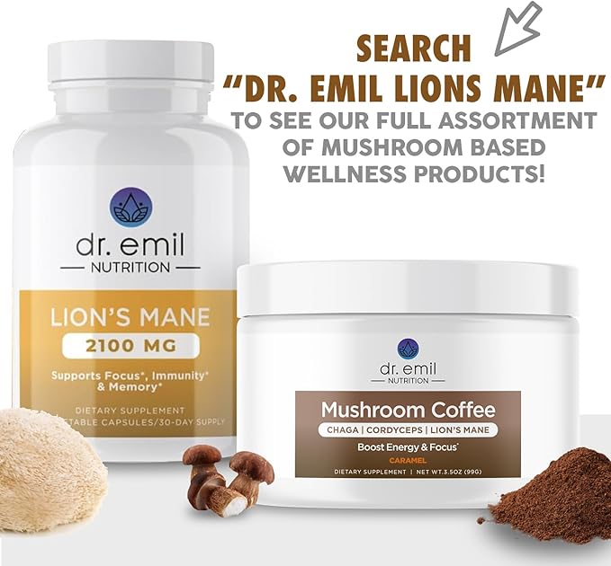 DR. EMIL NUTRITION 2100mg Organic Lions Mane Supplement Capsules - Focus, Mental Clarity & Cognition - Nootropic Lion's Mane Mushroom Supplement with Organic Lions Mane
