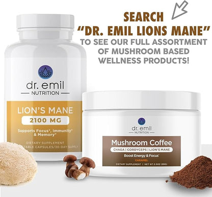 DR. EMIL NUTRITION 2100mg Organic Lions Mane Supplement Capsules - Focus, Mental Clarity & Cognition - Nootropic Lion's Mane Mushroom Supplement with Organic Lions Mane