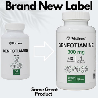 PRISTINE'S Benfotiamine 300mg High Bioavailability Nerve Support Supplement - 60 Day Supply - Fat Soluble Vitamin B1 Supplements - Vegan - Non-GMO