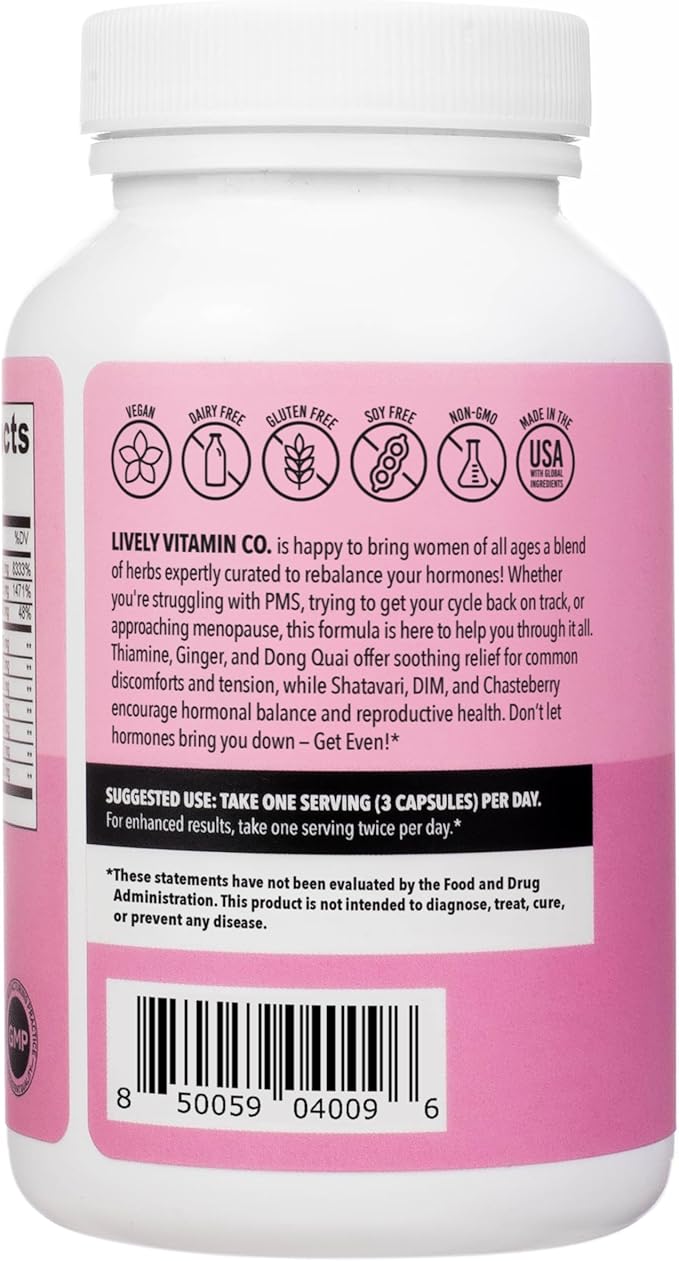 LIVELY VITAMIN CO. Get Even - Women's Hormonal Balance Blend - Helps Reduce Severity of Periods, PMS & Menopause - Eases Cramps & Bloating - Mood Regulation - Period Pain & Discomfort - 90 Count