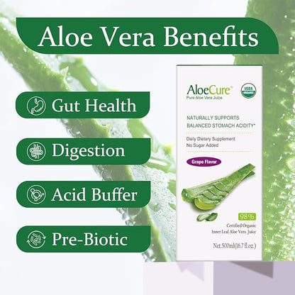 AloeCure USDA Organic Aloe Vera Juice Grape Flavor, Made Within 12 Hours of Harvest - Pure Aloe Vera Digestive & Immune Health Supplement, Helps Maintain Balanced Stomach Acidity, 16.7oz x 6 Btls