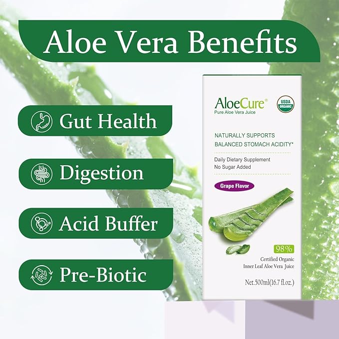 AloeCure USDA Organic Aloe Vera Juice Grape Flavor, Made Within 12 Hours of Harvest - Pure Aloe Vera Digestive & Immune Health Supplement, Helps Maintain Balanced Stomach Acidity, 16.7oz x 12 Btls
