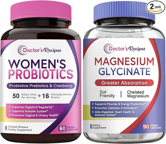 Doctor's Recipes Probiotics and Magnesium Glycinate Bundle - Optimum Gut Health & Muscle Function Support for Men & Women