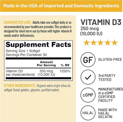 NatureWise Vitamin D3 10,000IU (250 mcg) 30-Day Supply - High Potency for Healthy Immune Support & Muscle Function, Non-GMO, Gluten-Free in Organic Extra Virgin Olive Oil, (Mini Softgel), 30 Count