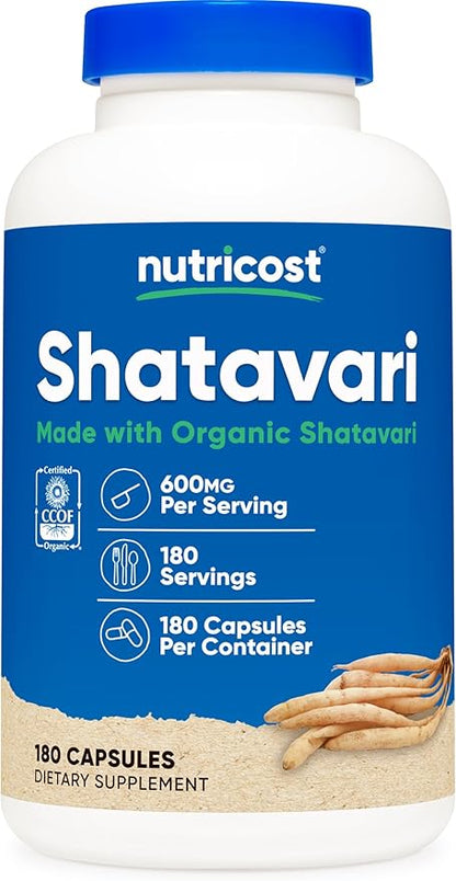 Nutricost Shatavari 600mg, 180 Capsules, 180 Servings - CCOF Certified Made with Organic Shatavari, Non-GMO, Gluten Free, Vegetarian Friendly