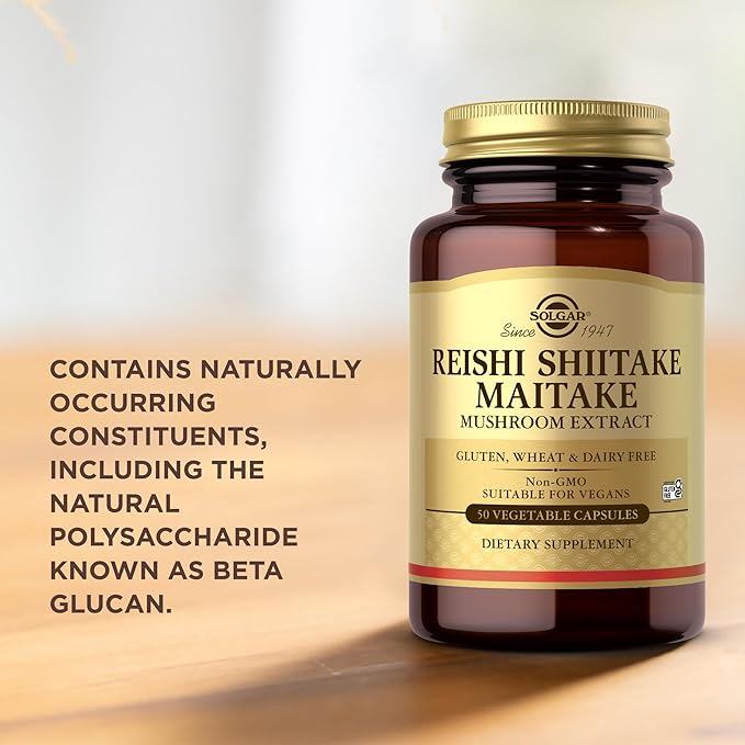SOLGAR Reishi Shiitake Maitake - 50 Vegetable Capsules - Mushroom Extract - Non-GMO, Vegan, Gluten Free - 50 Servings