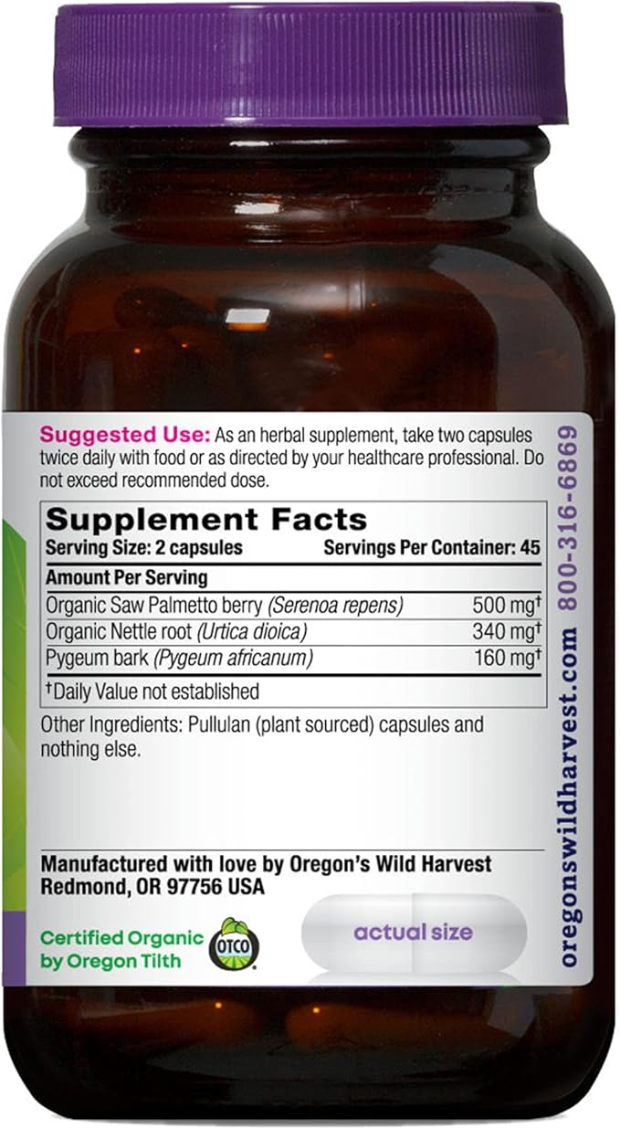 Oregon's Wild Harvest Organic Saw Palmetto Pygeum Herbal Supplement in Vegan Capsules - 90 Count