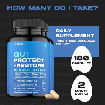 Gut Protect and Restore Supplement | Probiotics for Gut Health, Colon Cleanse & Bloating Relief | Promotes Healthy Digestion | Digestive Enzymes, Postbiotics & Prebiotics | 180 Capsules