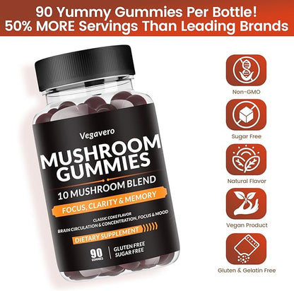 Mushroom Gummies - 10x Mushroom Blend - Mushroom Complex - Mushroom Supplement (90 Chews) Classic Coke