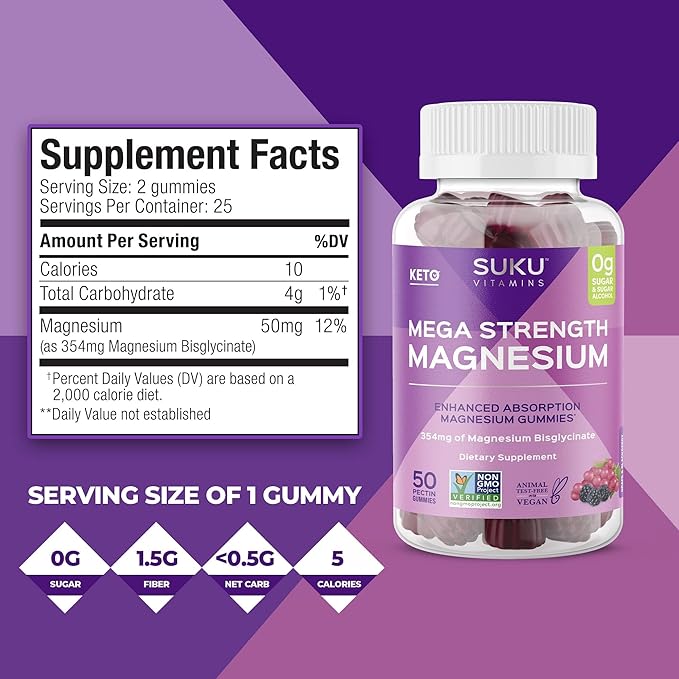 Mega Strength Magnesium - 177 mg of Magnesium Bisglycinate Gummies for Muscle Function - Easy to Chew - Non GMO, Gluten Sugar Free - Grape BlackBerry Flavored Gummy Vitamins (50 Count)