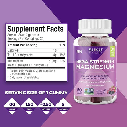 Mega Strength Magnesium - 177 mg of Magnesium Bisglycinate Gummies for Muscle Function - Easy to Chew - Non GMO, Gluten Sugar Free - Grape BlackBerry Flavored Gummy Vitamins (50 Count)