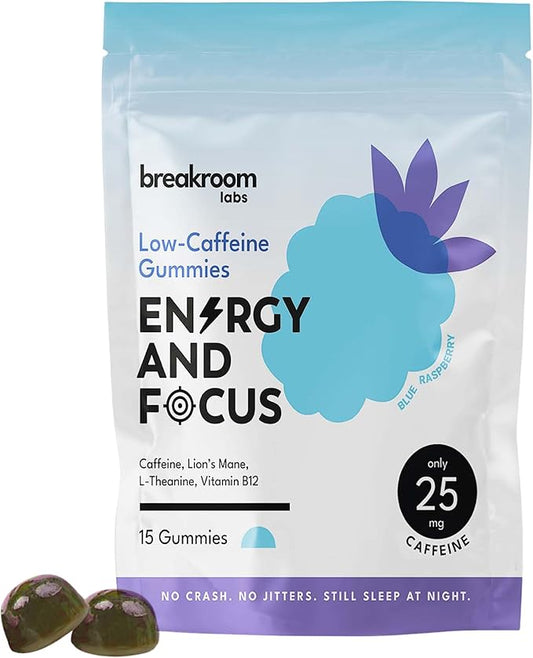 Energy and Focus Gummies – Low Caffeine 25mg w/L-Theanine, Lions Mane, Vitamin B12 – Nootropic Brain Supplement for Adults, Kids - Vegan, Low Sugar, Blue Raspberry Flavor, 15 Servings