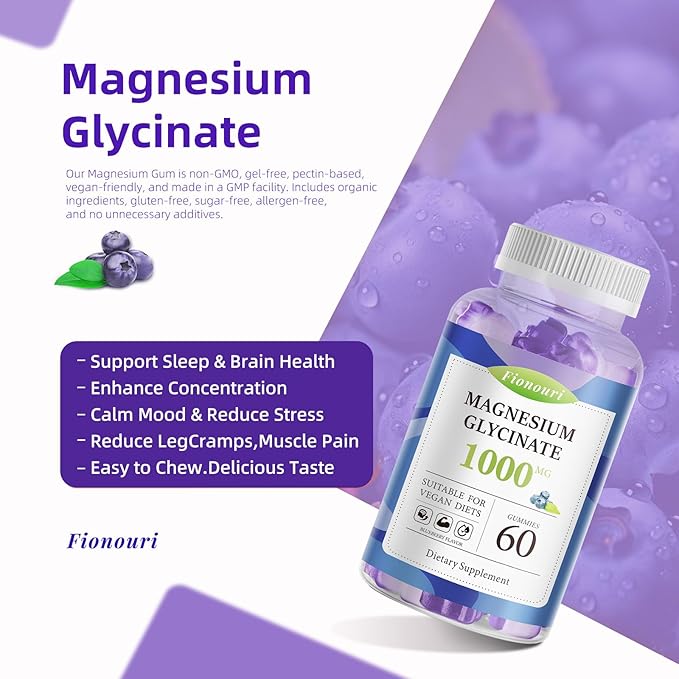 Magnesium Glycinate Gummies 1000mg - for Adults Magnesium Potassium Supplement with Vitamin D, B6, CoQ10 for Calm Mood & Sleep Support - 120 Blueberry Gummies -2 Pack