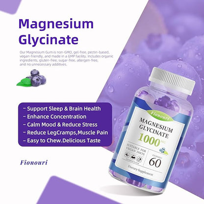 Magnesium Glycinate Gummies 1000mg - for Adults Magnesium Potassium Supplement with Vitamin D, B6, CoQ10 for Calm Mood & Sleep Support - 120 Blueberry Gummies -2 Pack