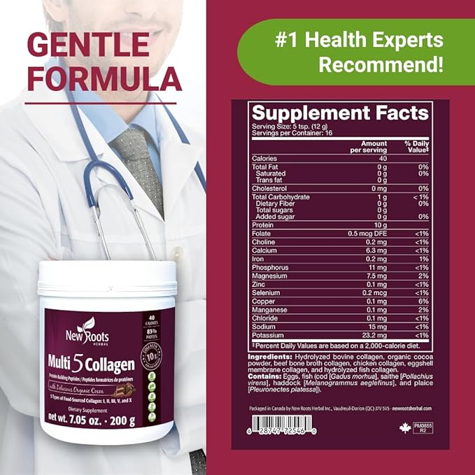 New Roots Multi 5 Coco Collagen Powder Supplement (Types I, II, III, V and X) Hydrolyzed Collagen - Dairy & Gluten Free - 12g per Serving - Chocolate Flavor, 7.05 oz