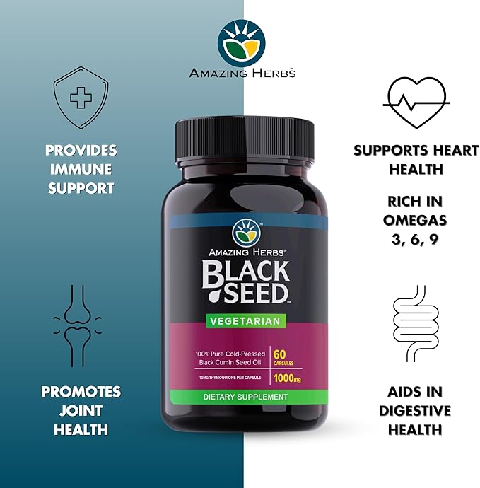 Amazing Herbs Black Seed Oil Capsules - Black Seed Oil Pills, Black Cumin Seed Oil Capsules, Cold Pressed Nigella Sativa Supplement, Blackseed Oil, Non GMO, 100% Pure - 60 Vegetarian Capsules, 1000 mg